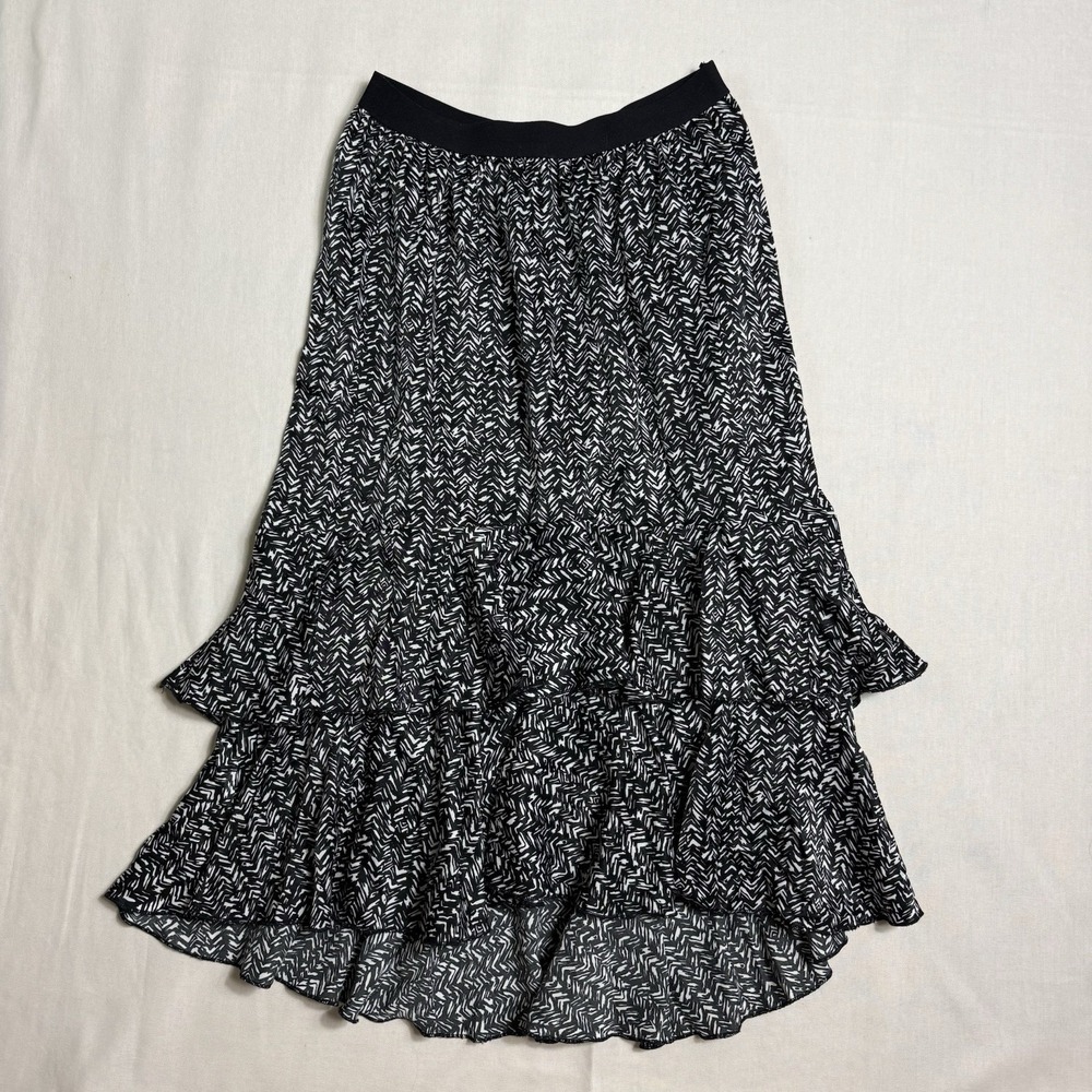 Women's Black White Abstract Tiered Ruffle Midi Skirt M